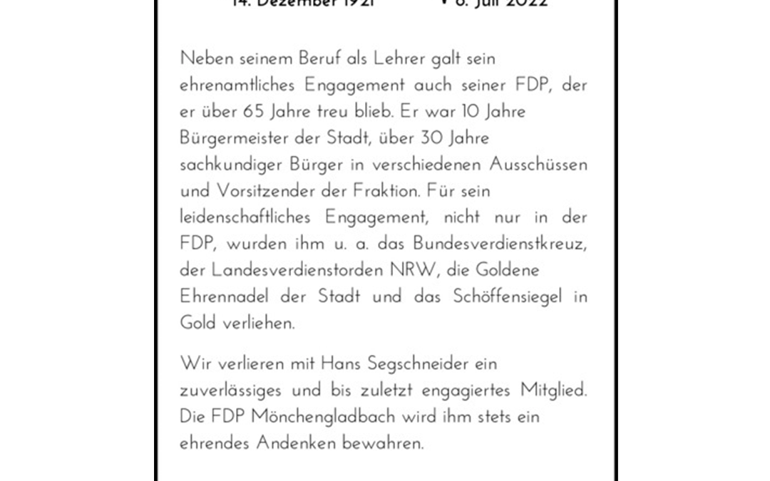 Nachruf Hans Segschneider