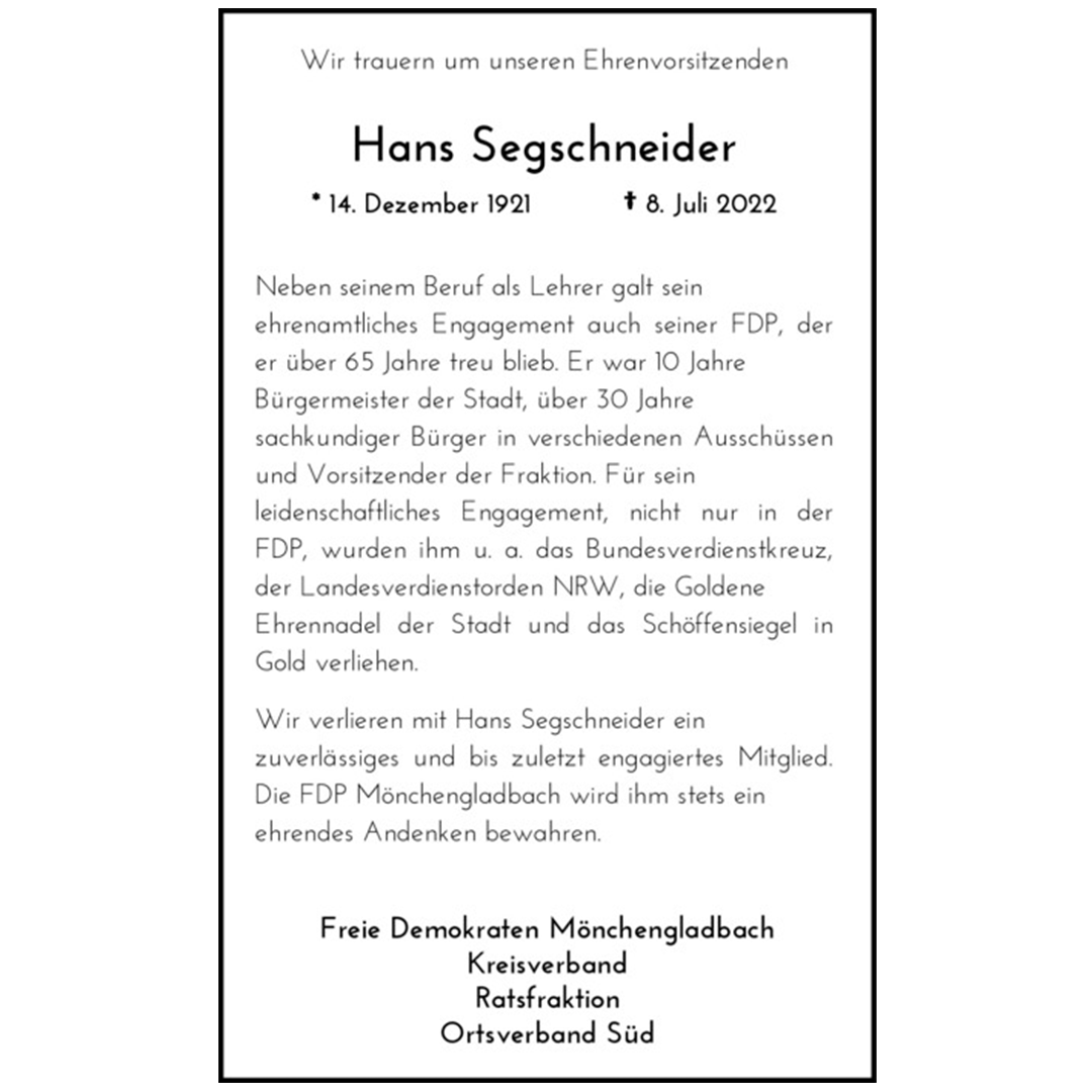 Nachruf Hans Segschneider